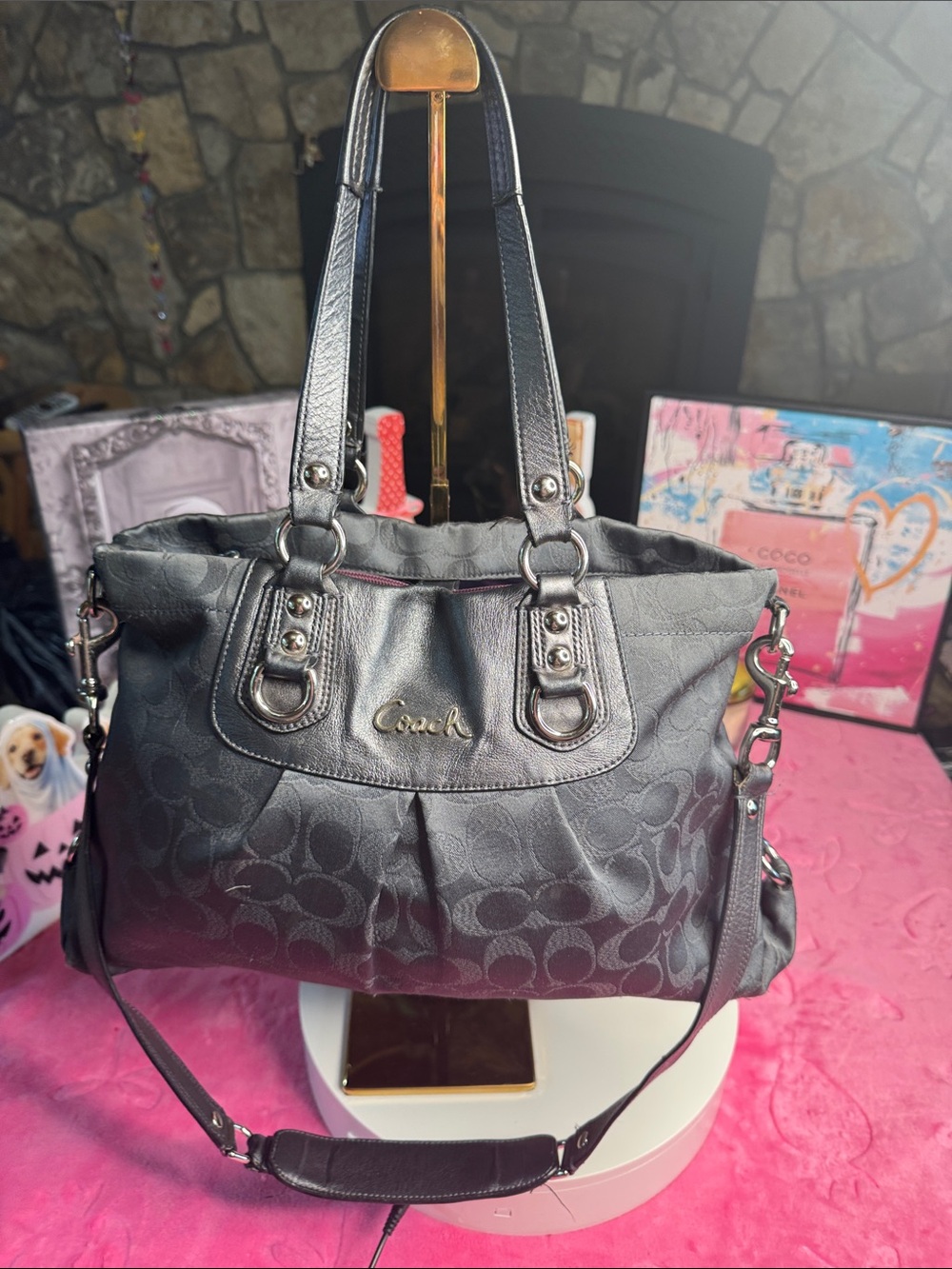 Coach Charcoal Jacquard Metallic Satchel Purple Lining Excellent Condition